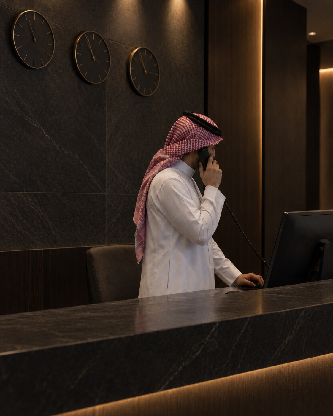 Concierge au téléphone à la réception d’un hôtel